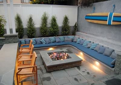 Lighted outdoor sitting area and fire pit