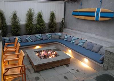 Lighted outdoor sitting area and fire pit