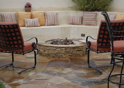 Davis Home - Built in benches, ledge stone fire pit, Cameron flagstone